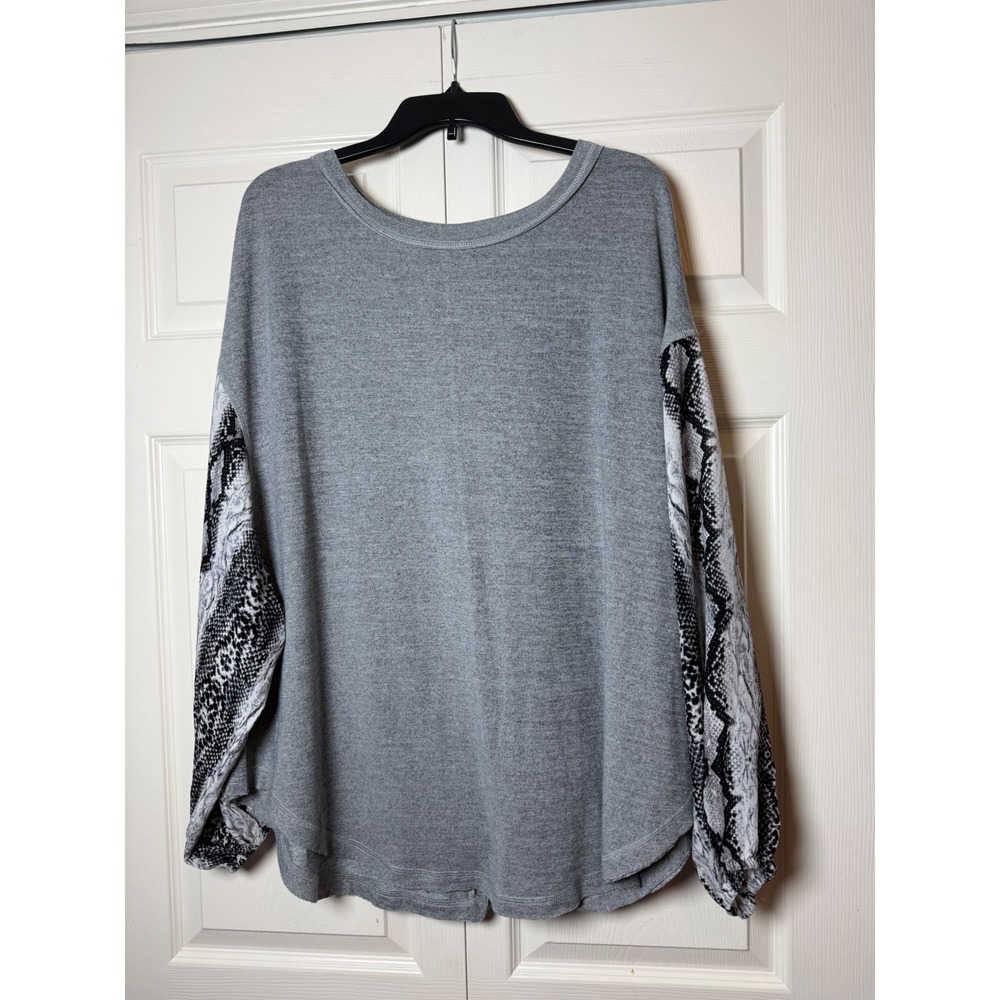 Jodifl gray top with snakeskin patterned balloon sleeves